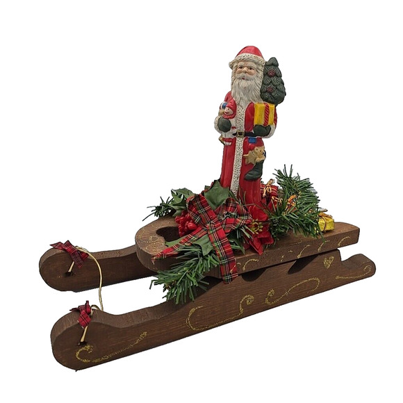 Vintage Old Santa Claus in Glitter Wooden Sleigh Season Holiday Christmas Decor - Picture 1 of 7